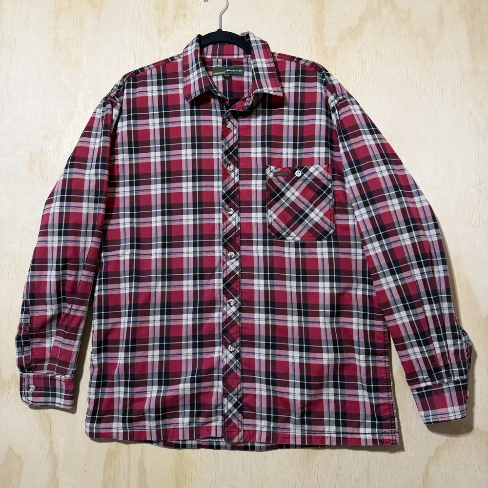 Jeep Star Plaid Button Shirt Red Blue Cotton Casual Pocket 175/92A M